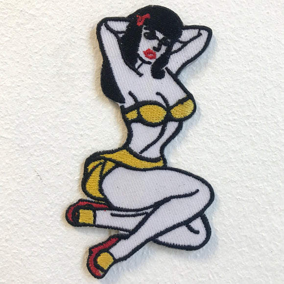 Biker Girl Sexy Lady Yellow Iron on Sew on Embroidered Patch - Fun Patches